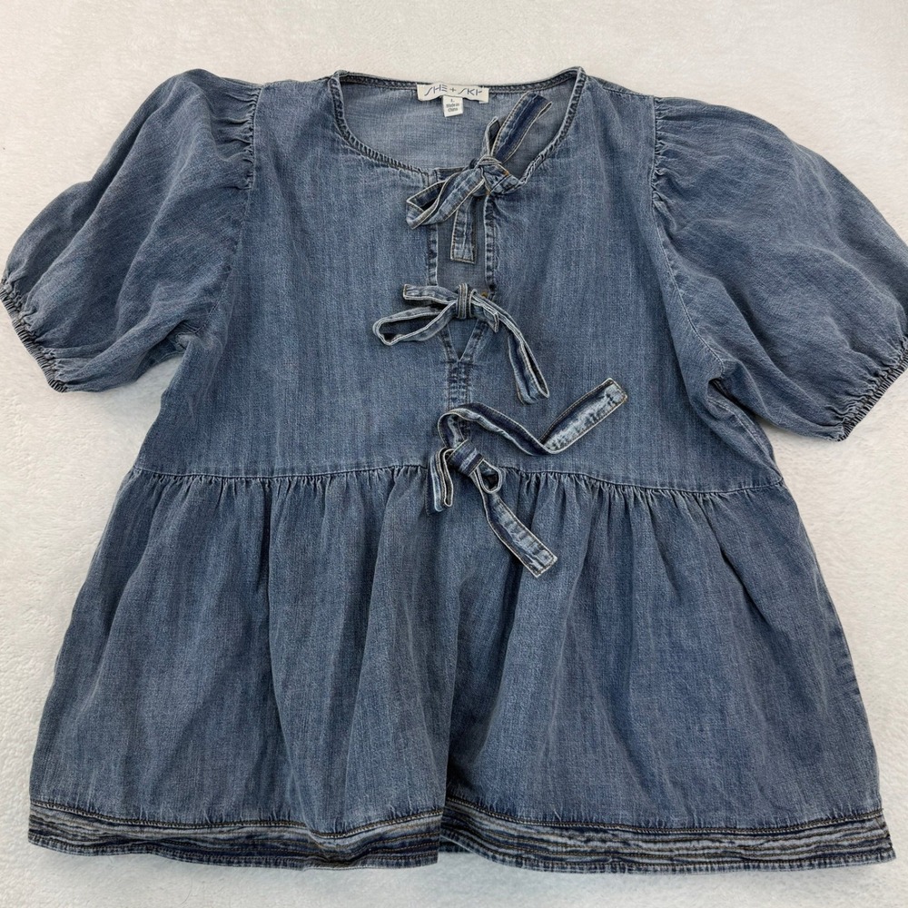 She Sky Babydoll Denim Top Womens Large Tie Front Puff Sleeve Cottage Boho